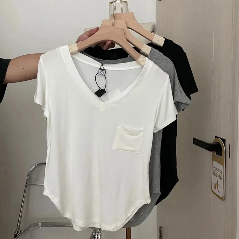 S-2XL Women T-shirt Casual Solid V Neck Short Sleeve T shirts Pure Color Thin Shirts Top Bottoming