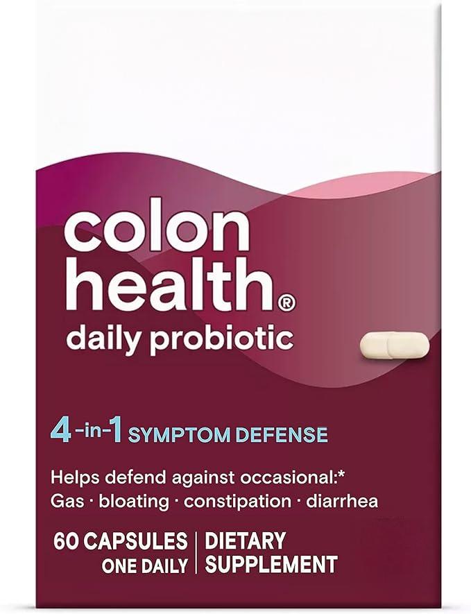 Colon Health Daily Probiotic Capsules, 4-in-1 Symptom Defense to help defend against Occasional Gas, Bloating, Constipation, and Diarrhea, Daily Supplement, 60 Count